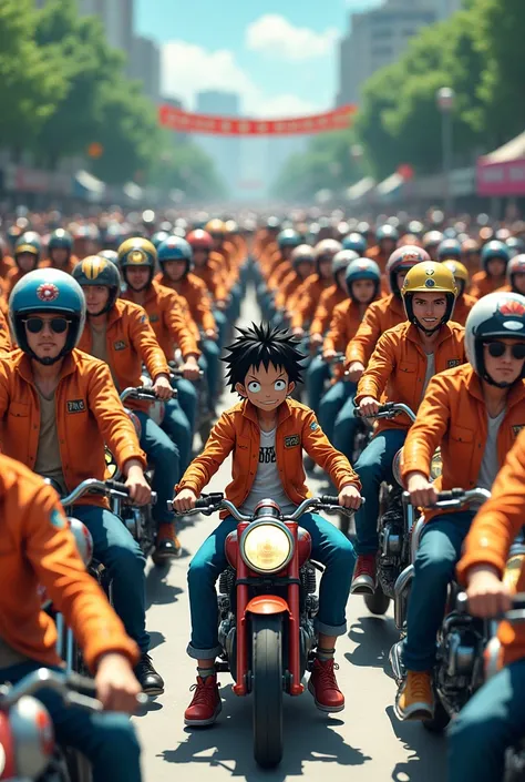 Anime one piece portgas d. Ace rides a mini moped , portgas d. Ace brings 100 people on motorbikes , they all wear orange motorcycle jackets , Motorcycle jacket has BBMC written on the chest , all wearing long jeans, and wear motorcycle boots, all members ...