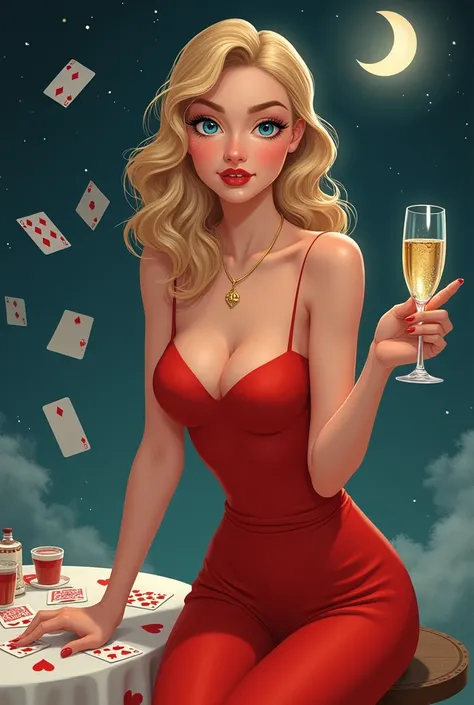 Create a cute pomade with dark blonde hair, light blue eyes, red outfit, drinking champagne and playing cards with the moon in the background 