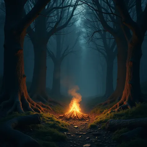 landscape of a medieval dark forest with a small bonfire, realistic