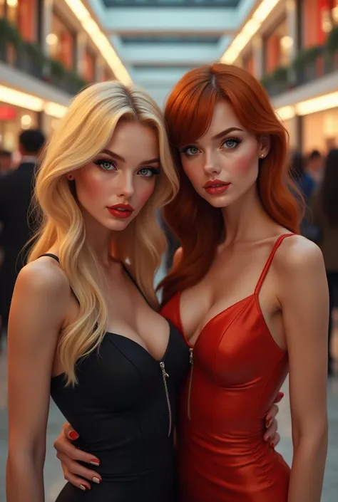 beautiful detailed eyes, beautiful detailed lips, extremely detailed eyes and face, long eyelashes, 1girl, 1girl, blonde hair, redhead, sexy dresses, shopping, detailed human figures, detailed clothing, crowd of people, attention-grabbing, detailed environ...