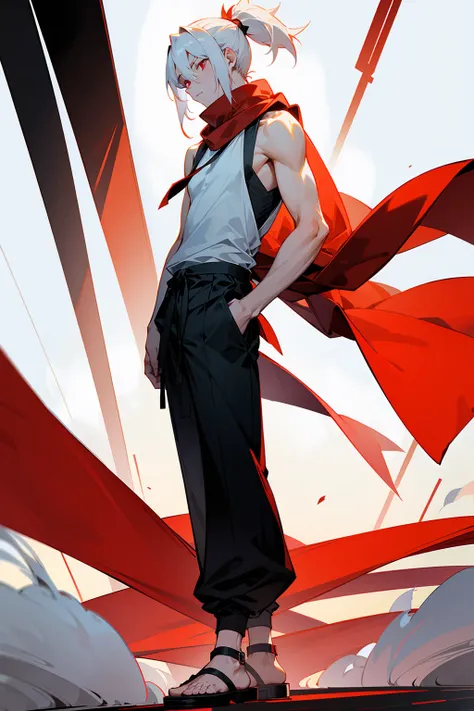 1male, Adult, Ponytail, White Hair, Black Sleeveless Shirt, Sandals, Baggy Black Pants, Red Eyes, Standing on Path, Neutral Face, Perfect Generation, Red Scarf