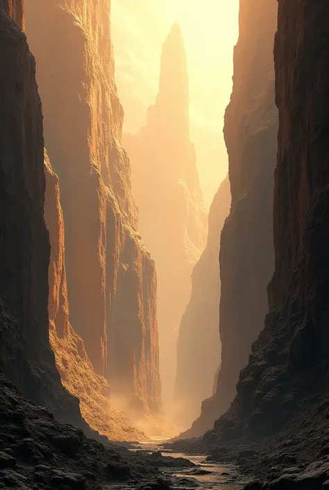 A huge canyon with steep rock walls, with a golden light