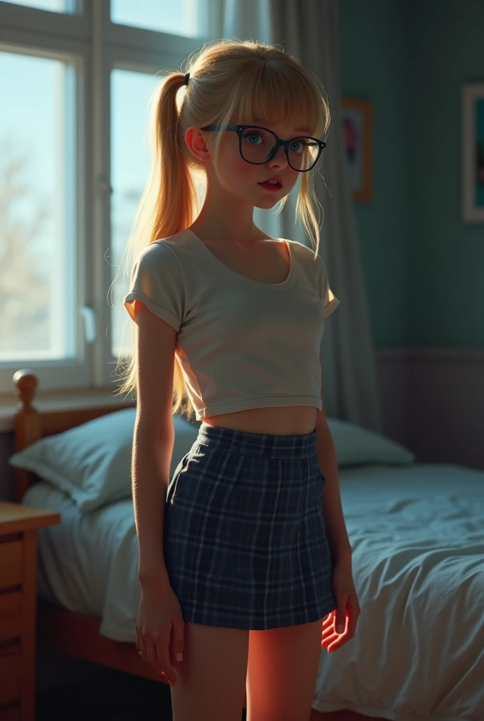 mid school, ultra realism, photorealistic, beautiful sexy little tween Russian school girl, thin, long blonde hair, blue eyes, nice bottom, nice bottom, big red lips, dressing like a whore, tiny short blue plaid skirt, scared, nice legs, nice bottom, stand...