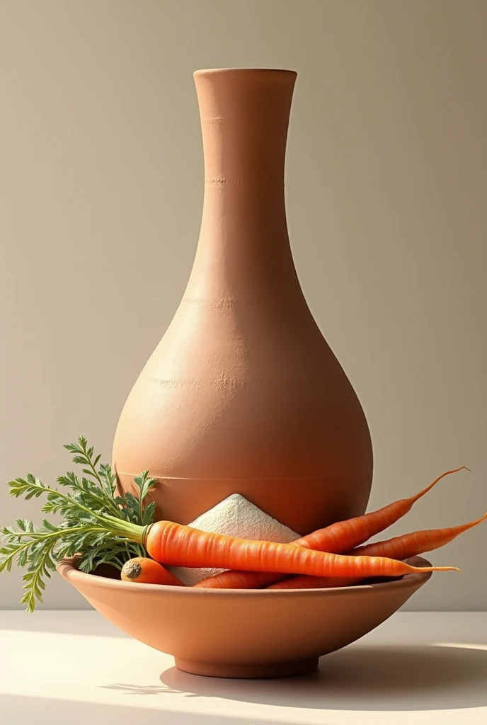 Make an image of a very long and tall clay pot with flour made from nopal and with whole carrots in the bowl and others resting on it.
