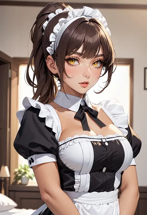 ((best quality)), ((Masterpiece)), (details), Young woman, alone, (Medium bust, brown hair, yellow eyes, ((Ponytail)) , Hip fart, handsome face, (Tanned skin:1.3), Long eyelashes,Thick eyelashes) , Maid outfit, Housewife headband, look at the audience, 