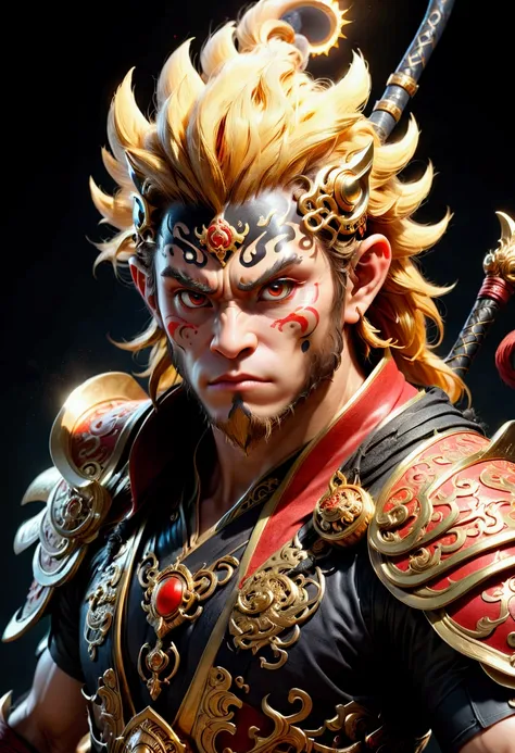 Monkey face, Wukong, Black Myth, a highly detailed 3D render of the character Sun Wukong from the video game Black Myth, masterfully crafted with extreme precision, dynamic lighting, dramatic camera angle, ornate detailed armor, muscular physique, fierce e...