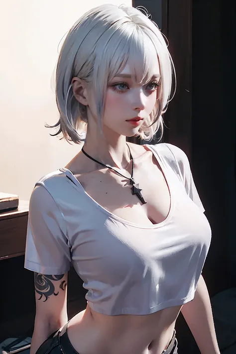 Browsing Caution,((Woman with tattoo on chest)), , ((Short white hair with bangs, Black strands of hair)), Purple eyes, (White T-shirt and white mini skirt), Pendant around the neck. 超High resolution.Realistic. 超High resolution.Realistic:1.4,超High resoluti...