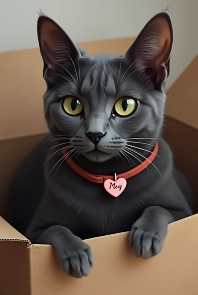 a dark gray cat in a light tone, with no nuances in the fur, with light green eyes, in a cardboard box with a pink heart collar, with "meg" written on it.