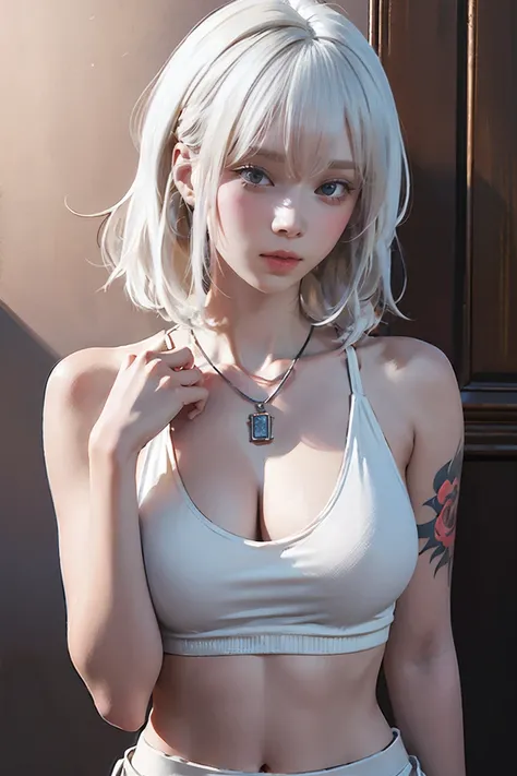 NSFW,((woman with tattoo on chest)), , ((Short white hair with bangs, Black strands of hair)), Purple eyes, (White tank top and white mini skirt), Pendant around the neck. 超High resolution.Realistic. 超High resolution.Realistic:1.4,超High resolution. Realist...