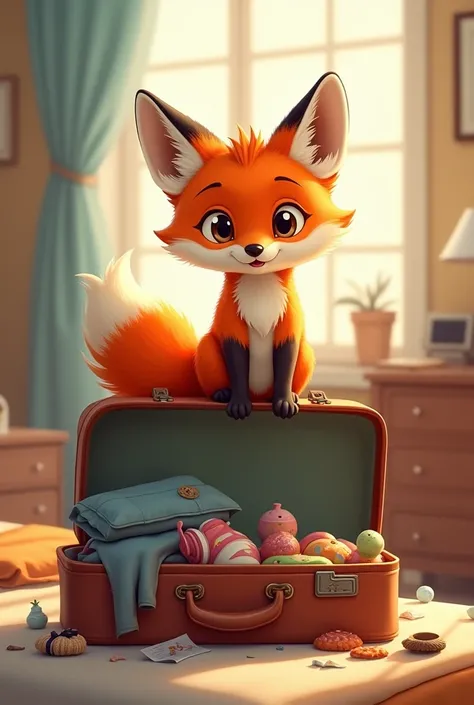 Children&#39;s fox sitting on a full suitcase, which is not closed properly