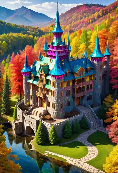 Opal Palace，A Western castle made of colorful jewels，forest