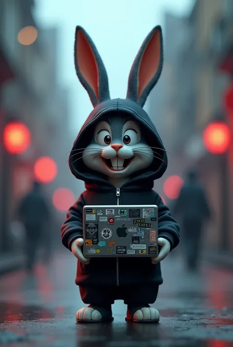 3D illusion image I need standing a bugs bunny rabbit with hoodie and  the hand hanging a laptop with laptop cover with stickers and look like hacker, hoodie color was black with mask.