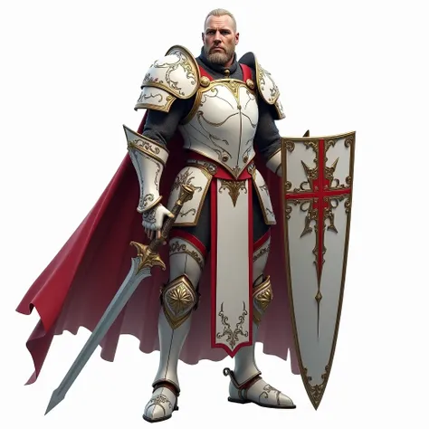 a paladin with armor with red details, white background, realistic
