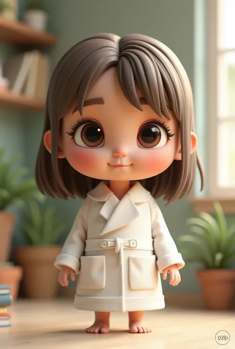 
Create a very cute 3 3D psychologist with big eyes, straight brown hair, dressed in a white robe 