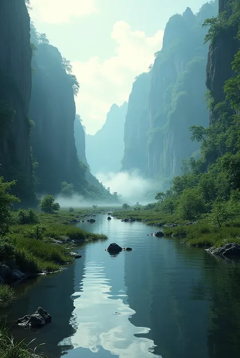 The dense vegetation began to open up, revealing a wide and mysterious valley. The floor was mirrored, reflecting everything around in distorted and distant images.