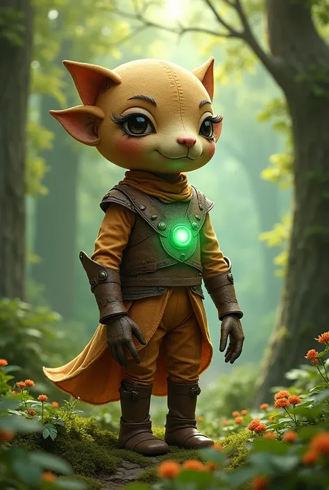 A humanoid doll made of brown cloth, wearing leather armor in a forest clearing with his hands glowing green.
Fantasy illustration