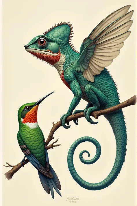 Create an animal by mixing a chameleon and a hummingbird 