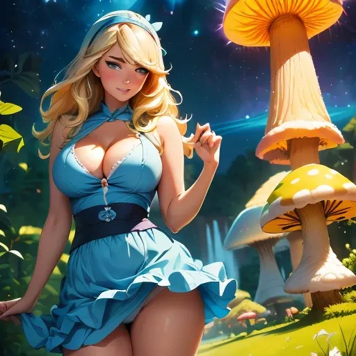 a beautiful 20 year old blonde Kate Upton with big messy hair in a blue dress, white stockings, black headband, cleavage, holding a glowing mushroom, fantasy art style,  cartoon vibrant, cute detailed digital art, colorful digital fantasy art, digital fant...