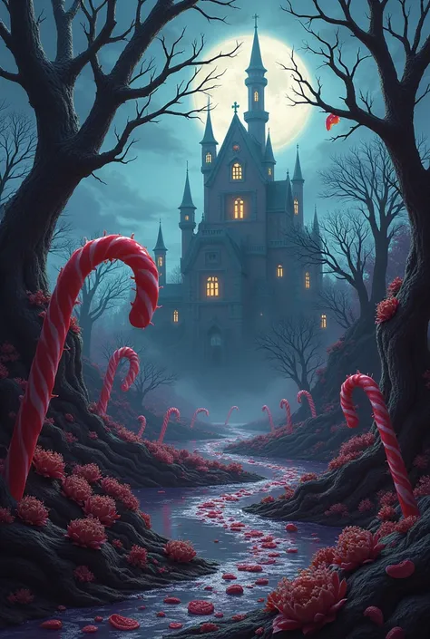 A dark, sinister candy land scene inspired by Willy Wonkas chocolate factory. The landscape is filled with towering candy canes, but they twist unnaturally, resembling thorny vines. The chocolate river is thick and sluggish, with an eerie, almost black hue...