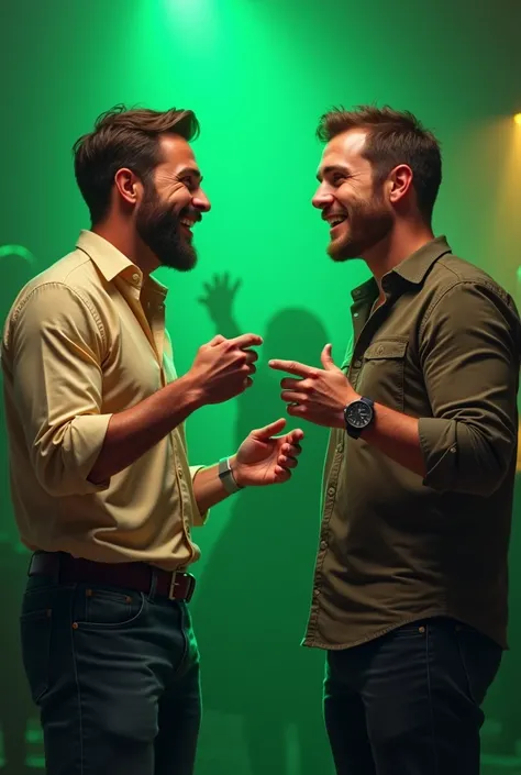 Two guys at a party talking to each other eagerly green background
