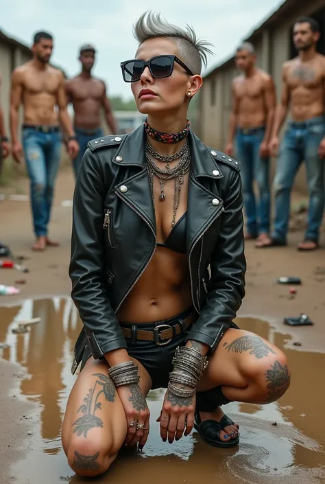 russian milf woman, grey hair (pouf, huge top bun and shaved sides),  oversized square maxisunglasses, colourful bandana as headband, with very light blue eyes, extremely pale skin. Wearing tight aged black moto jacket  studded collar) with lots of zippers...