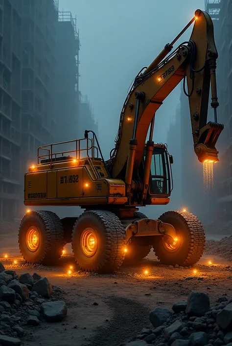 hydraulic excavator machine with 12 fireflies on the wheels