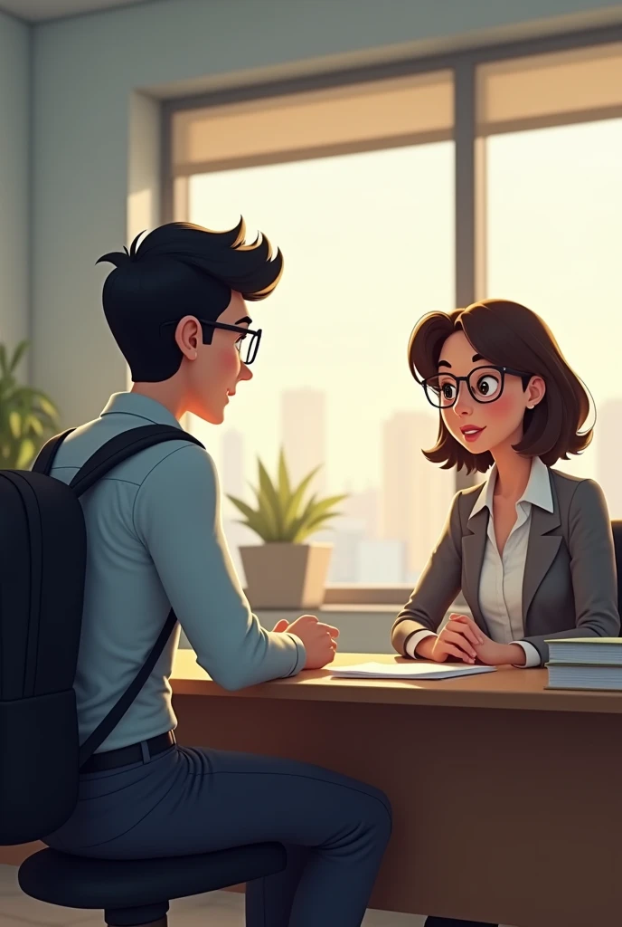 make a 20 year old boy, tall black hair, glasses and black backpack sitting at a desk with a woman in her 30s sitting on the other side in a job interview at a video game animation company in 2d animation