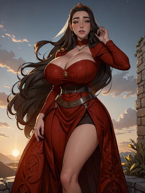 Gorgeous and sultry busty athletic (thin) brunette queen with sharp facial features wearing a modest updo, dark red medieval dress, long sleeves, intricate patterns, scrollwork, wide neck, crown, veil, long dress, modest dress, tight bodice, silver belt, (...