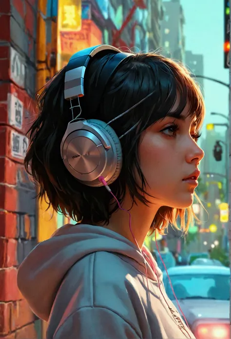 A girl listening to music with headphones, face and neck shot.With an aesthetic and modern sweatshirt.Very realistic like a photo.city background.super real