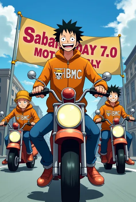 Anime one piece sabo riding a mini moped , Sabo took his group on a motorbike , they all wear orange motorcycle jackets , On the motorcycle jacket there is BBMC written in the middle , all wearing long jeans, and wear shoes , all members are excited , in f...