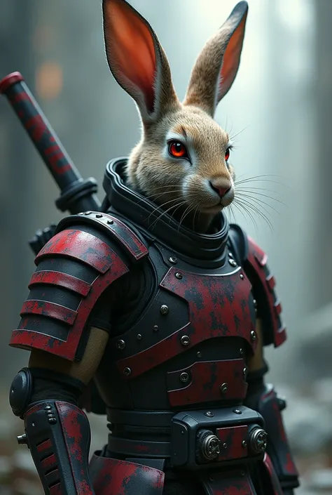 Dark fantasy full body a realistic rabbit samurai with high-resolution red, grey and black, rabbit head, tactical suit, mech details, techwear