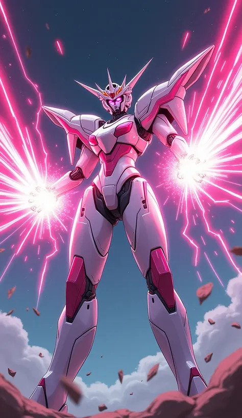 anime, Giant Robot, A dynamic full-body image of a white and pink female super robot fighting with lasers coming out of her palms　Simple Background,universe, 