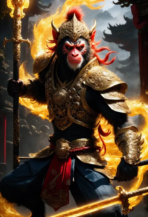 Monkey face, Wukong, Black Myth, a highly detailed 3D render of the character Sun Wukong from the video game Black Myth, masterfully crafted with extreme precision, dynamic lighting, dramatic camera angle, ornate detailed armor, muscular physique, fierce e...