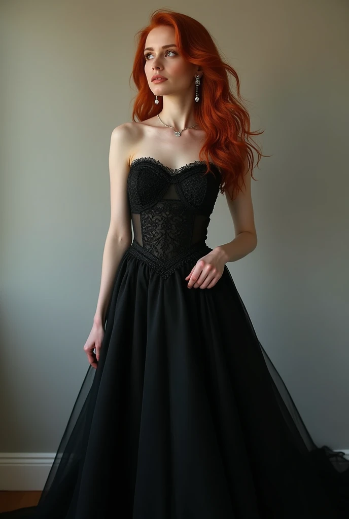 Redhead woman in black flared prom dress and jewelry,Full-body image 