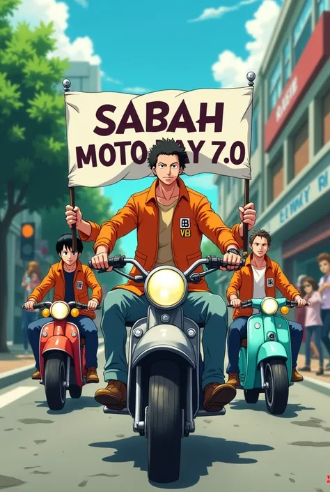 Anime one piece sabo riding a mini moped , Sabo took his group on a motorbike , they all wear orange motorcycle jackets , On the motorcycle jacket there is BBMC written in the middle , all wearing long jeans, and wear shoes , all members are seriously look...