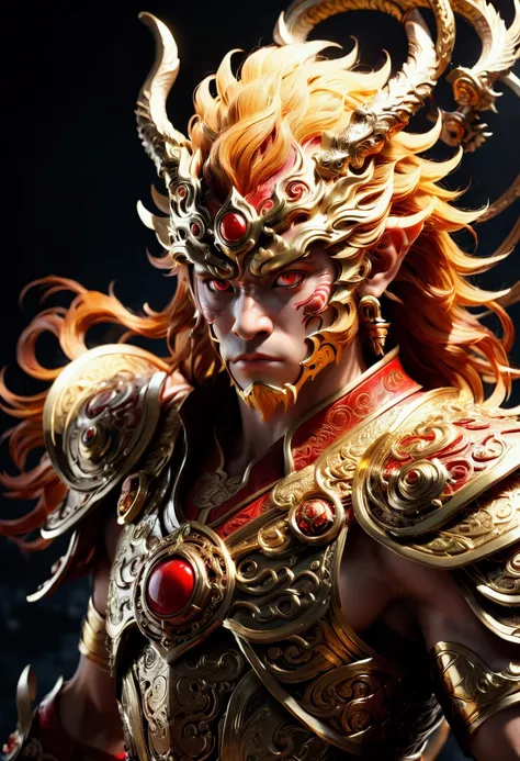 Monkey face, Wukong, Black Myth, a highly detailed 3D render of the character Sun Wukong from the video game Black Myth, masterfully crafted with extreme precision, dynamic lighting, dramatic camera angle, ornate detailed armor, muscular physique, fierce e...