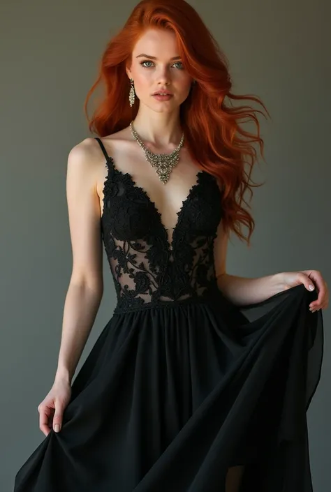 Redhead woman in black flared prom dress and jewelry,Full-body image 