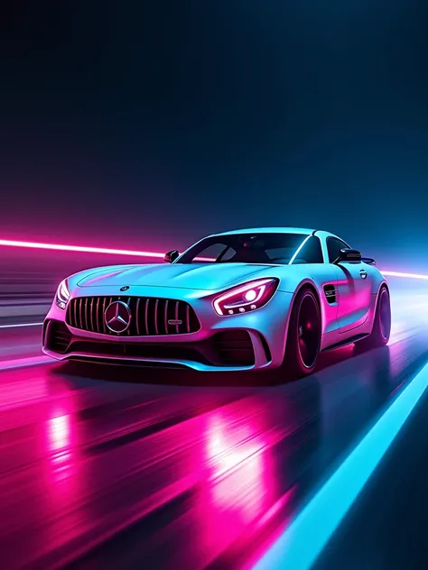 A breathtaking, futuristic photograph of a sleek Mercedes-AMG car, glowing with a dazzling array of vibrant neon colors. The car is illuminated in a kaleidoscope of hues, with the headlights and taillights casting an intense, almost otherworldly glow. The ...