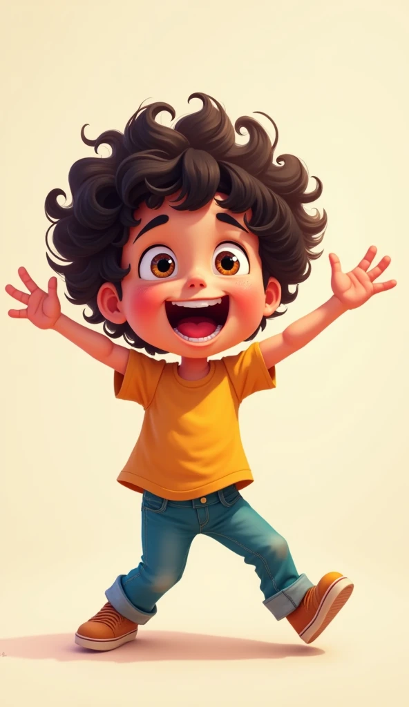 A digital portrait of a cheerful boy with curly hair, wearing a black shirt, happily singing and waving. The character has dark skin and is depicted in a vibrant, cartoon style with a warm and inviting atmosphere. The illustration captures the essence of j...