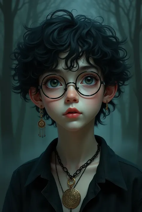 A dark-haired boy with curly hair and earrings, a necklace with a Ouija pointer pendant and thin round glasses