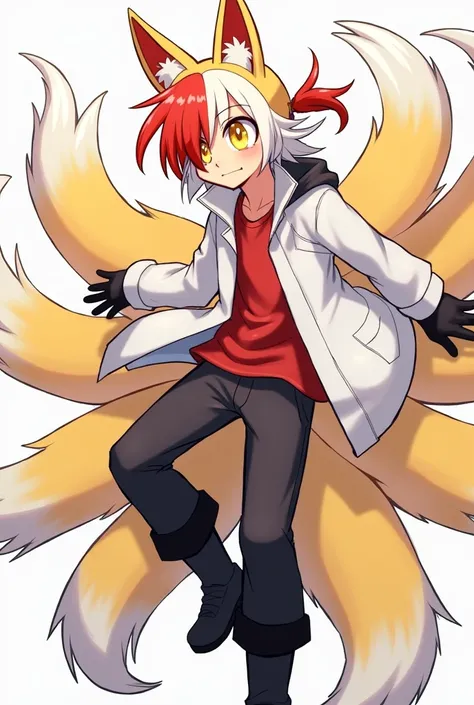 Create a Kitsune with half white and half red hair, with a ponytail, with fringe on the left side, with a Kitsune mask on the side of his face, yellow  eyes, eyes large, humanoid, with ears and nine tails, in the form of a Sonic-style character, o nome del...