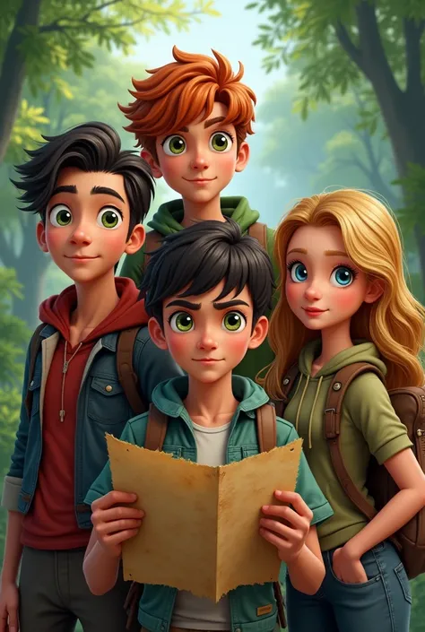 Miguel, a 17-year-old redhead with green eyes. Lucas, a 17-year-old teenager with black hair, fair skin and blue eyes, holding a map. Tomas, a 17-year-old blond teenager with blue eyes. Raquel, a 1 teenager with brown, wavy hair and honey-colored eyes. Cla...