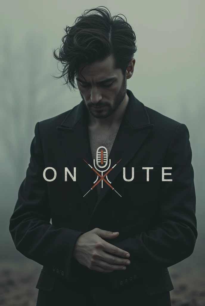 make a track cover for the song named “on mute”. it s about love. it must look like a sad man and logo of a crossed out microphone