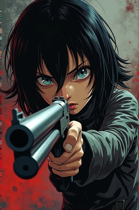 Mikasa Ackerman shooting Armin Alert with a shotgun(Manga style)