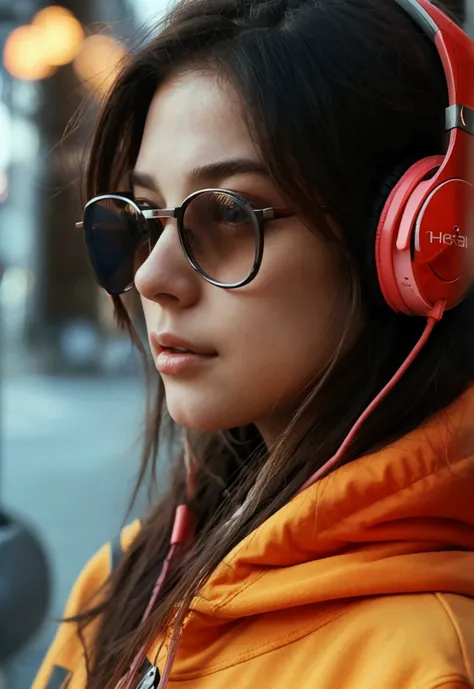 A girl listening to music with headphones, face and neck shot.With an aesthetic and modern sweatshirt.Very realistic like a photo.city background.super real