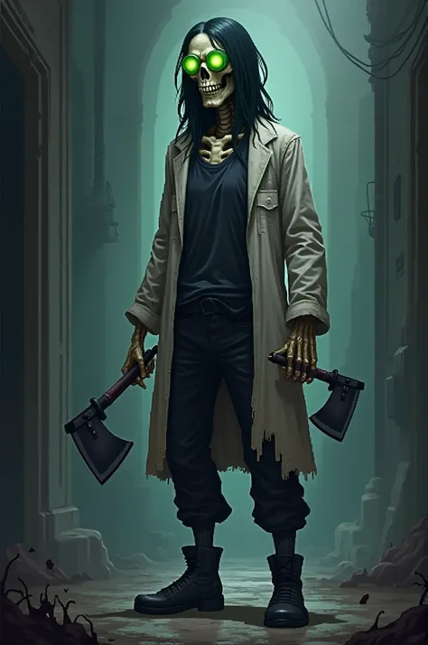 A terrifying skeleton with semi-long black hair stands in a desolate and dark place. He is very tall, and is wearing round green goggles, and is dressed in a dark, slightly torn tank top, a white lab coat, black tactical pants, boots with caps, full body, ...