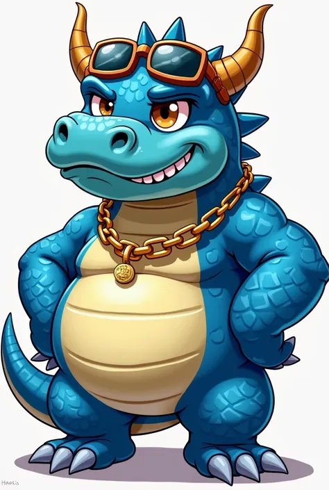 Create a blue dragon mascot that is fat, cartoony, and gangster-like.