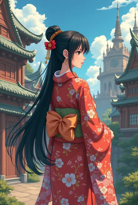 kimono、Wearing a kimono、Castle、Fantasy、Fantasy、背景はジブリ風なCastle、
One person、Black Hair、Bun Hair Style、