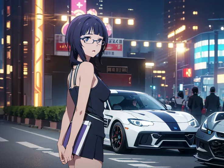 anime, Style, Karin Asaka, NSFW, with glasses and long hair, posing by side a sport car at night, naked,(best quality, 4k, 8k, high resolution, obra-prima: 1.2), ultra-detailed, (realista, fotorealista, foto-realista: 1.37) colorido com vibrantes cores, so...