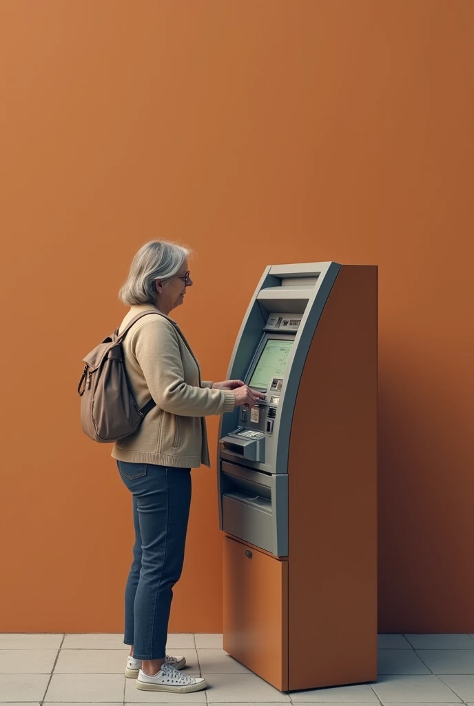 A woman withdrawing money from an atm brown background


